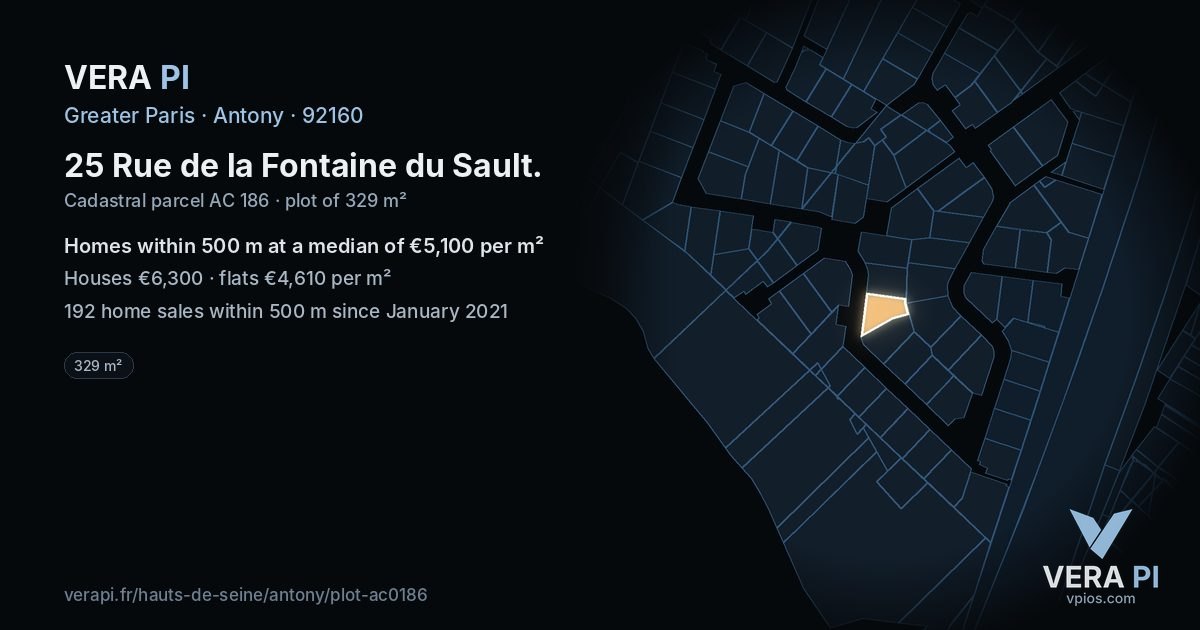 25 Rue de la Fontaine du Sault, Antony at night – the plot lit, the parcels around coloured by the prices near them