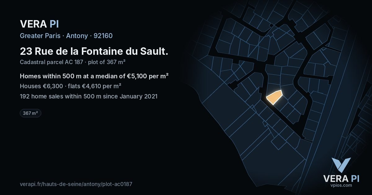 23 Rue de la Fontaine du Sault, Antony at night – the plot lit, the parcels around coloured by the prices near them