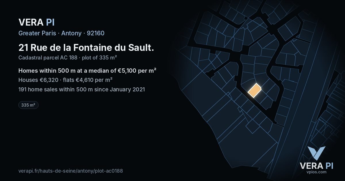 21 Rue de la Fontaine du Sault, Antony at night – the plot lit, the parcels around coloured by the prices near them