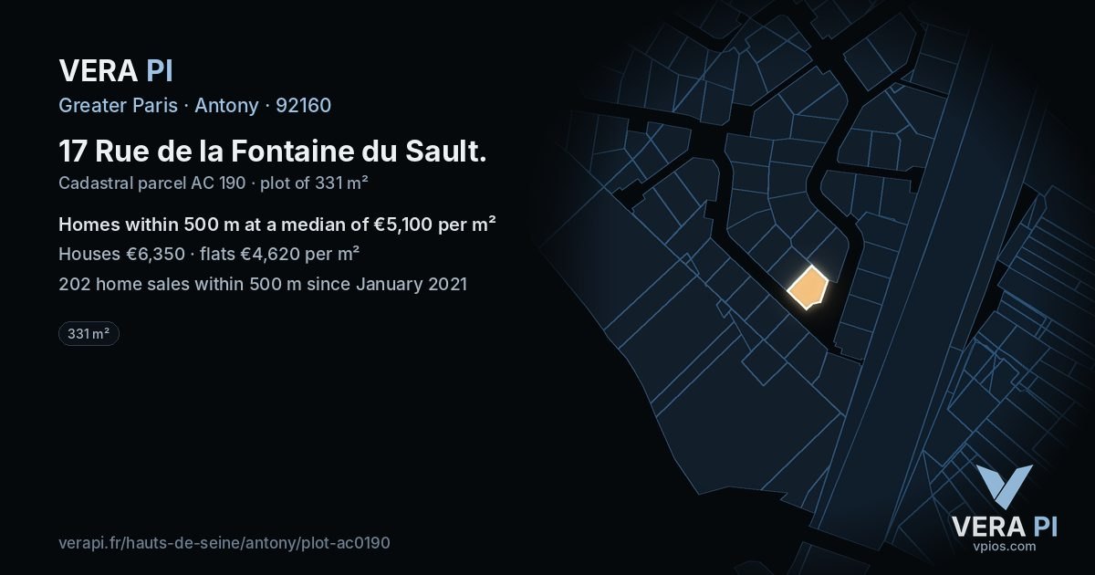 17 Rue de la Fontaine du Sault, Antony at night – the plot lit, the parcels around coloured by the prices near them