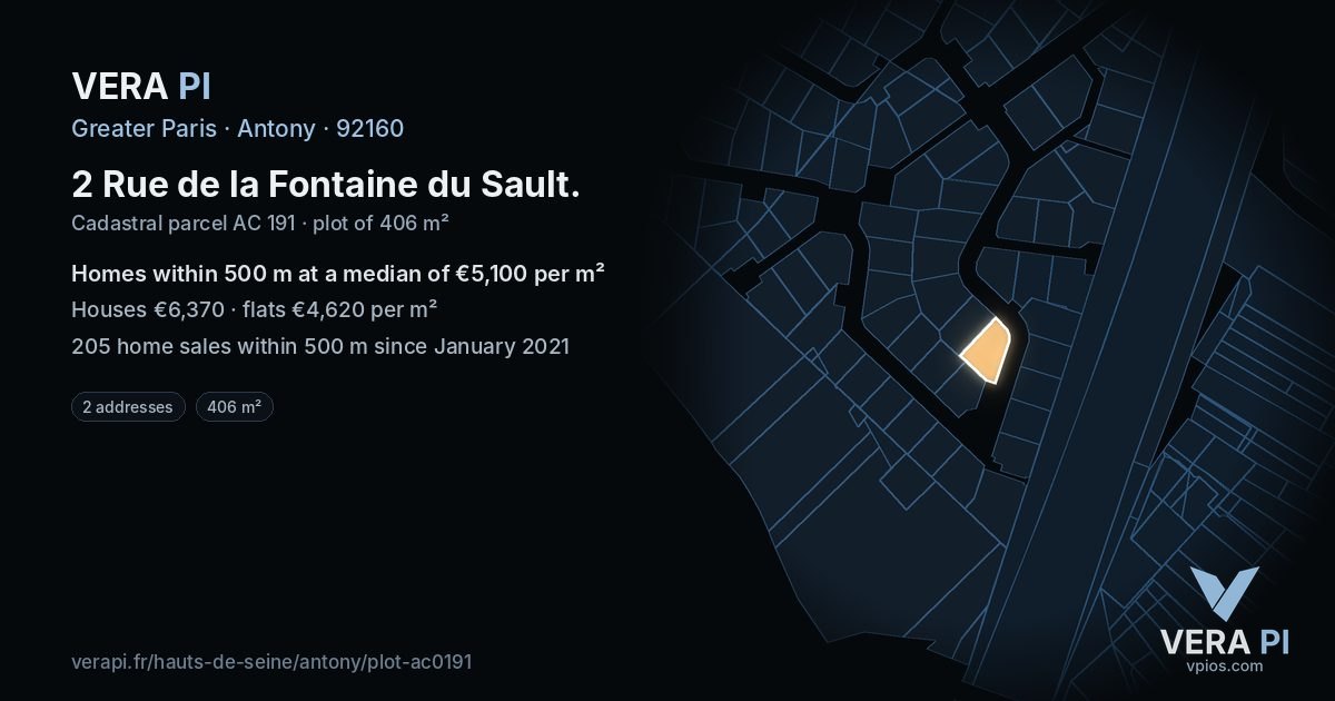 2 Rue de la Fontaine du Sault, Antony at night – the plot lit, the parcels around coloured by the prices near them