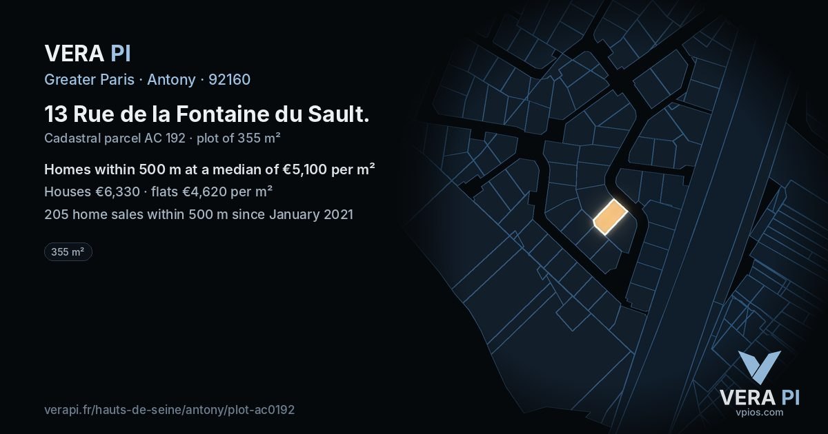 13 Rue de la Fontaine du Sault, Antony at night – the plot lit, the parcels around coloured by the prices near them