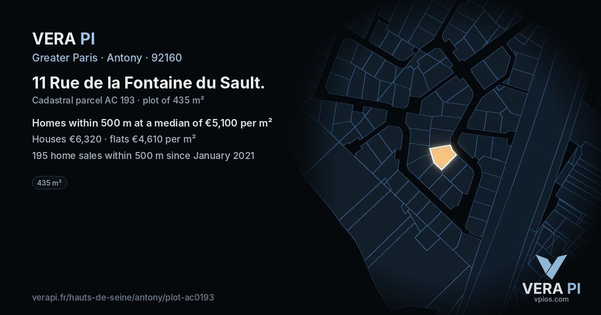 11 Rue de la Fontaine du Sault, Antony at night – the plot lit, the parcels around coloured by the prices near them