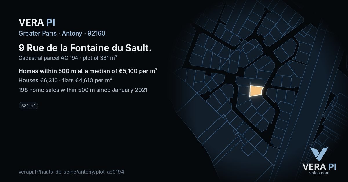 9 Rue de la Fontaine du Sault, Antony at night – the plot lit, the parcels around coloured by the prices near them