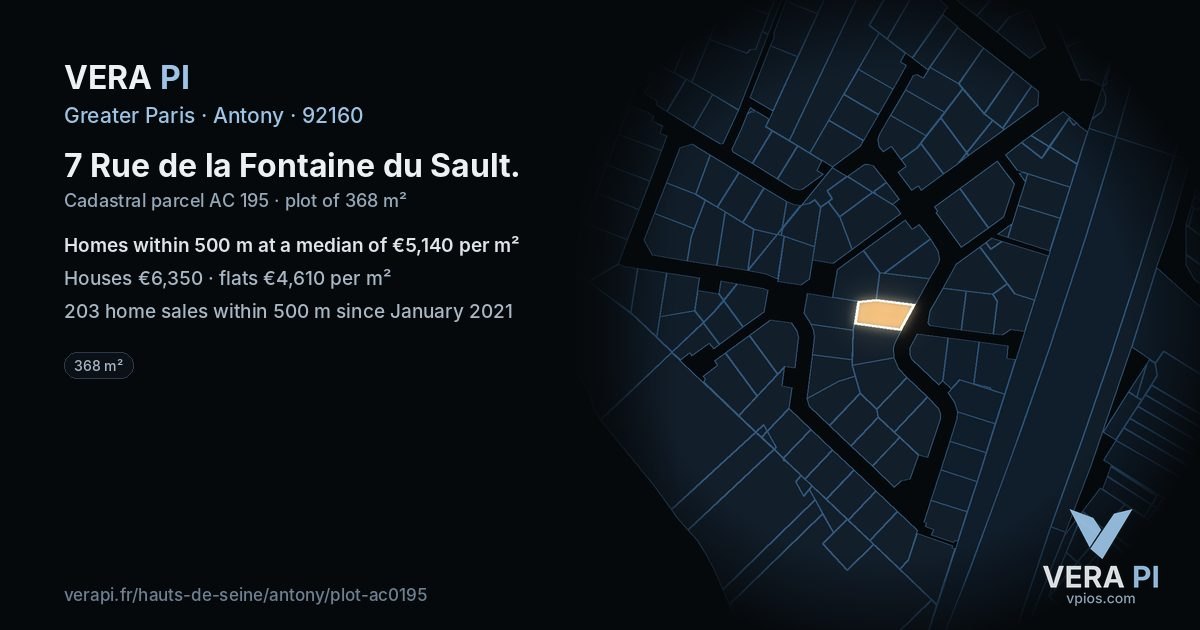 7 Rue de la Fontaine du Sault, Antony at night – the plot lit, the parcels around coloured by the prices near them