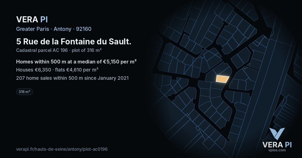 5 Rue de la Fontaine du Sault, Antony at night – the plot lit, the parcels around coloured by the prices near them