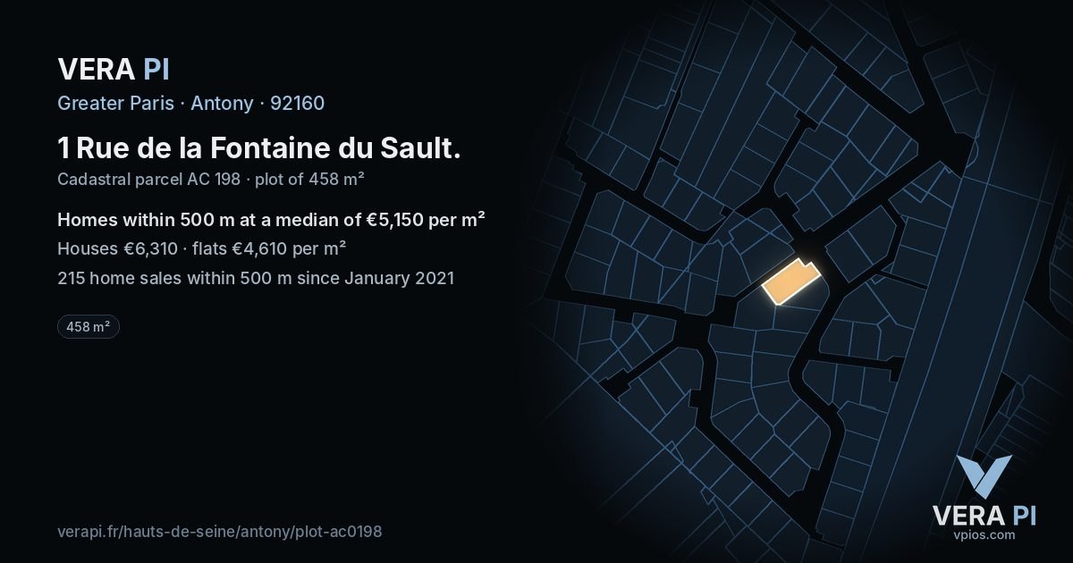 1 Rue de la Fontaine du Sault, Antony at night – the plot lit, the parcels around coloured by the prices near them