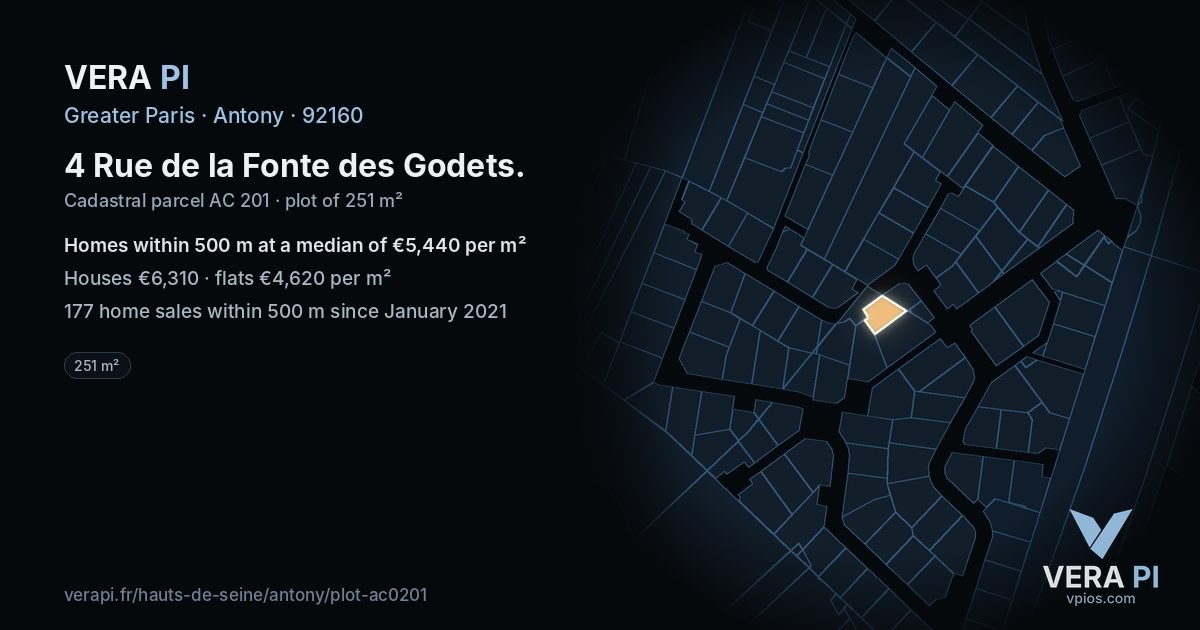 4 Rue de la Fonte des Godets, Antony at night – the plot lit, the parcels around coloured by the prices near them