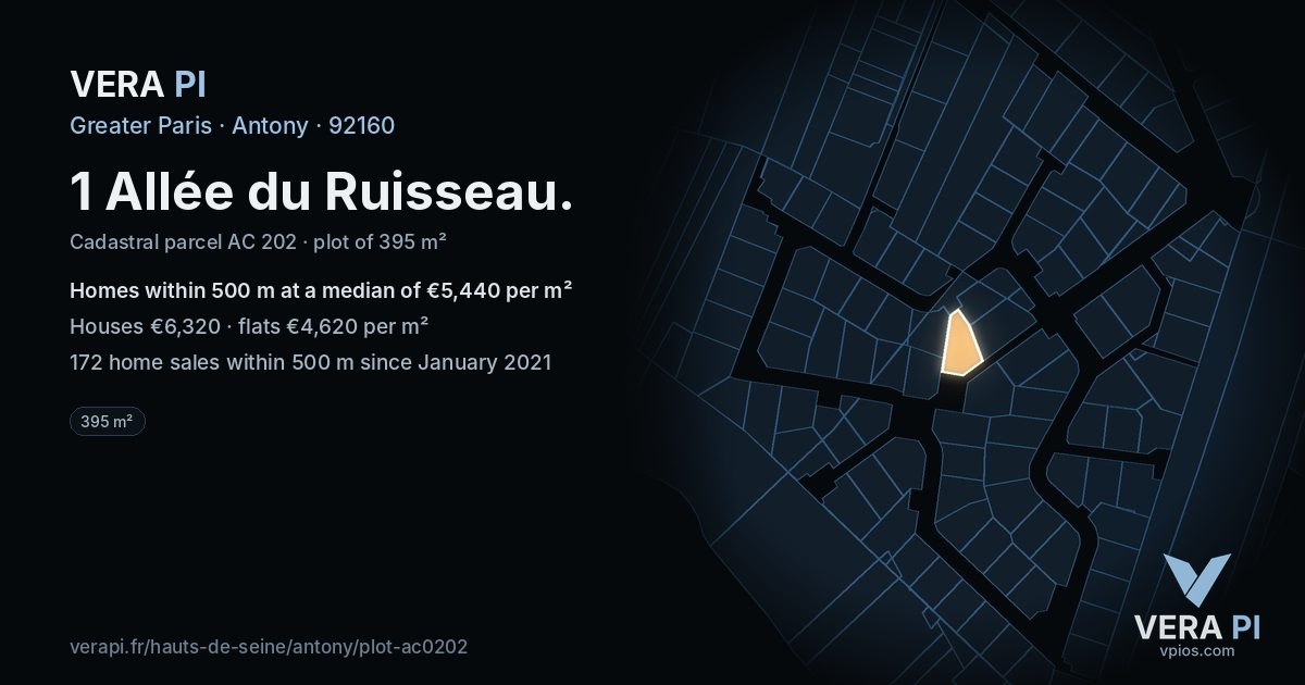 1 Allée du Ruisseau, Antony at night – the plot lit, the parcels around coloured by the prices near them