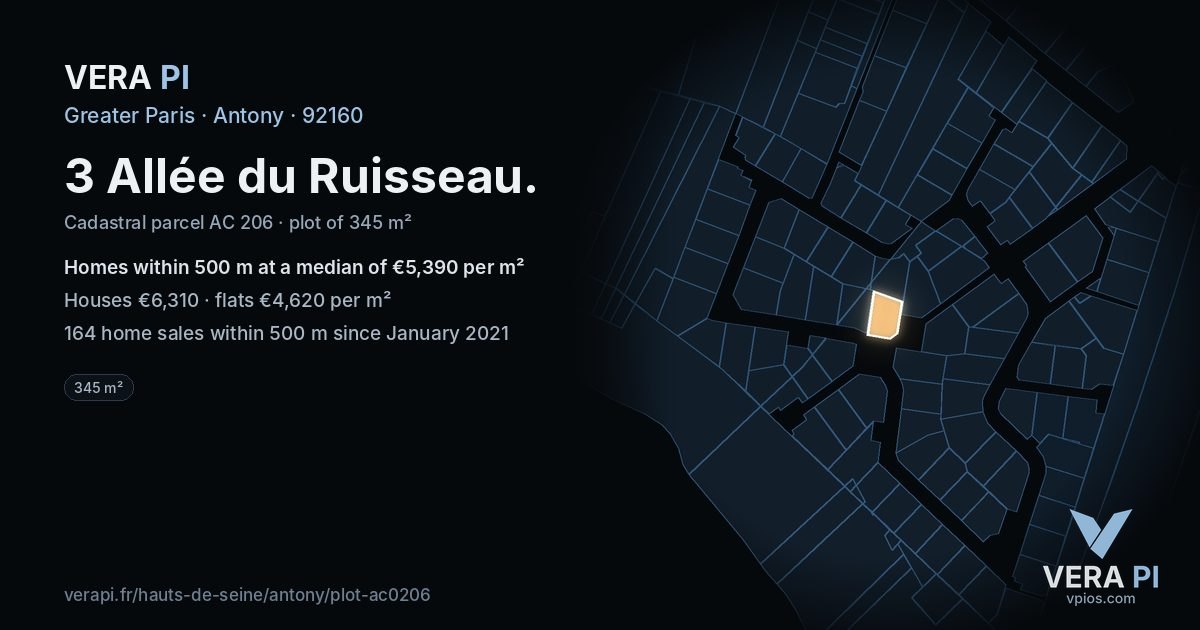 3 Allée du Ruisseau, Antony at night – the plot lit, the parcels around coloured by the prices near them