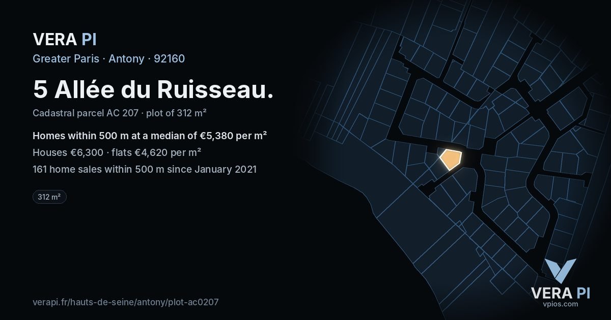 5 Allée du Ruisseau, Antony at night – the plot lit, the parcels around coloured by the prices near them