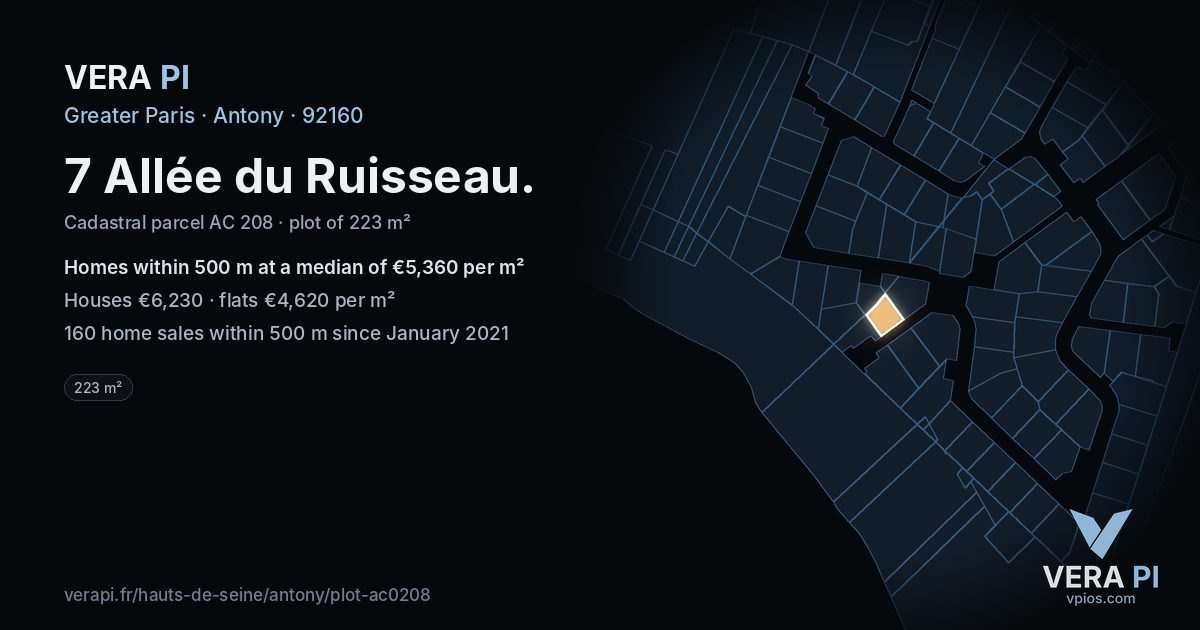 7 Allée du Ruisseau, Antony at night – the plot lit, the parcels around coloured by the prices near them