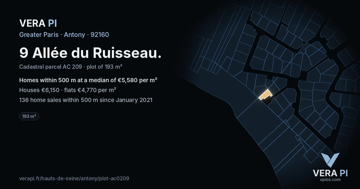 9 Allée du Ruisseau, Antony at night – the plot lit, the parcels around coloured by the prices near them