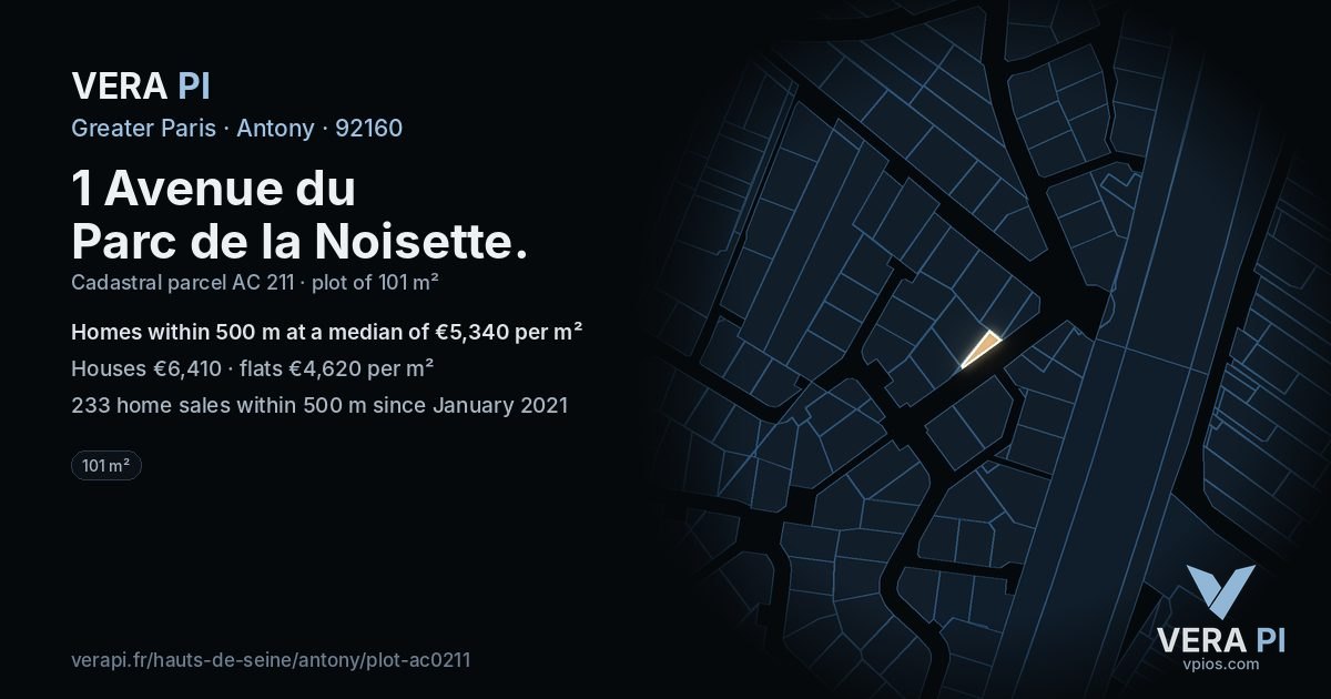 1 Avenue du Parc de la Noisette, Antony at night – the plot lit, the parcels around coloured by the prices near them