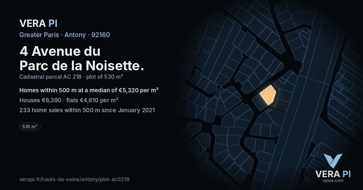 4 Avenue du Parc de la Noisette, Antony at night – the plot lit, the parcels around coloured by the prices near them