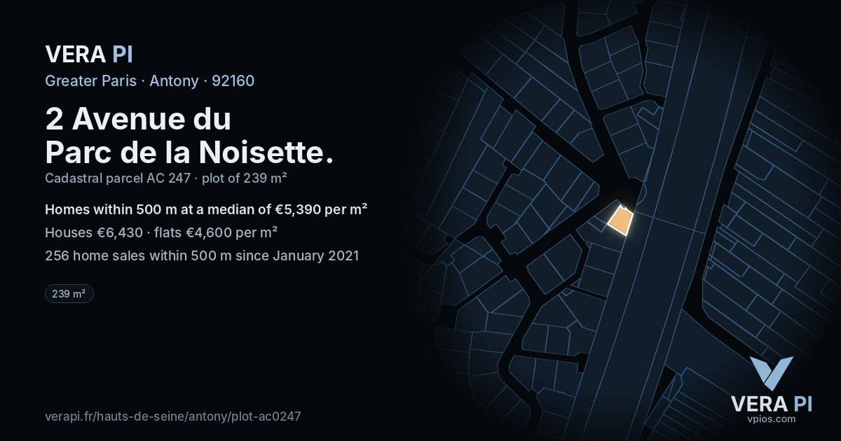 2 Avenue du Parc de la Noisette, Antony at night – the plot lit, the parcels around coloured by the prices near them