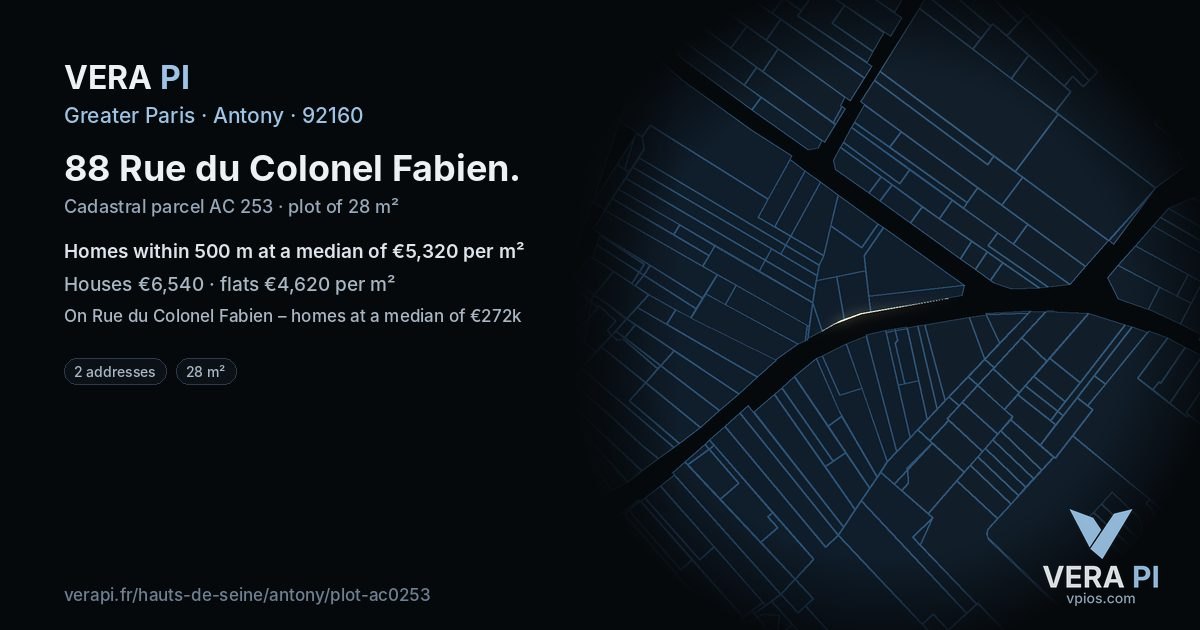 88 Rue du Colonel Fabien, Antony at night – the plot lit, the parcels around coloured by the prices near them