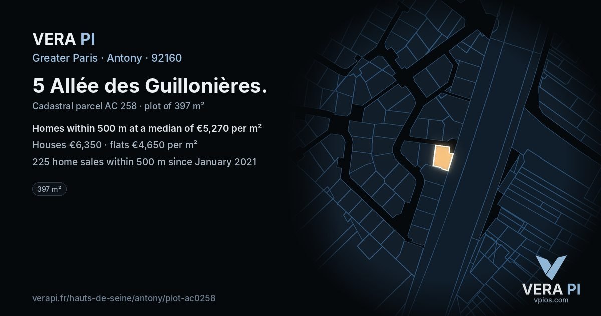 5 Allée des Guillonières, Antony at night – the plot lit, the parcels around coloured by the prices near them