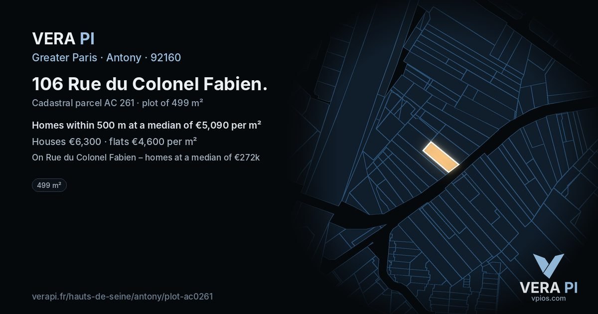 106 Rue du Colonel Fabien, Antony at night – the plot lit, the parcels around coloured by the prices near them