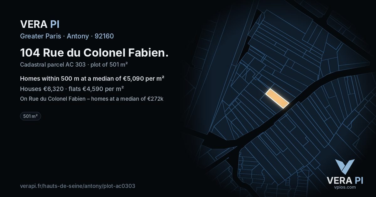 104 Rue du Colonel Fabien, Antony at night – the plot lit, the parcels around coloured by the prices near them