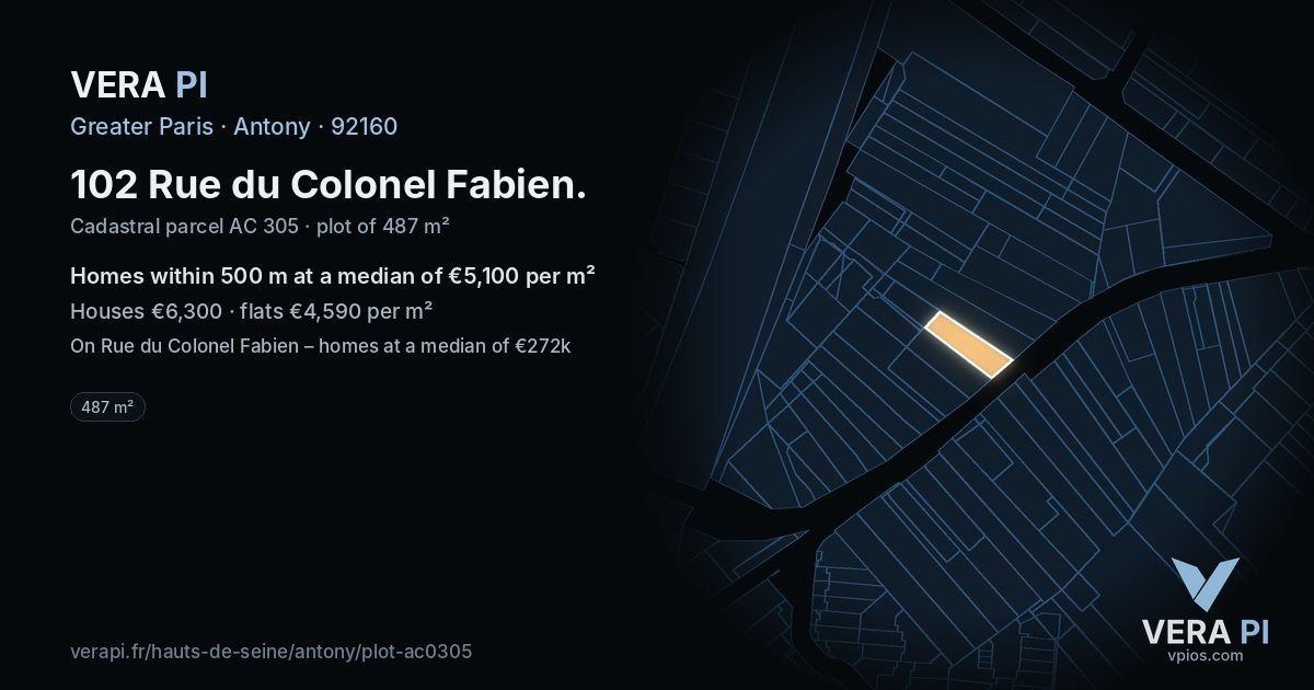 102 Rue du Colonel Fabien, Antony at night – the plot lit, the parcels around coloured by the prices near them