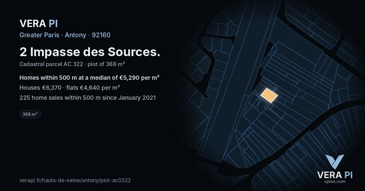 2 Impasse des Sources, Antony at night – the plot lit, the parcels around coloured by the prices near them