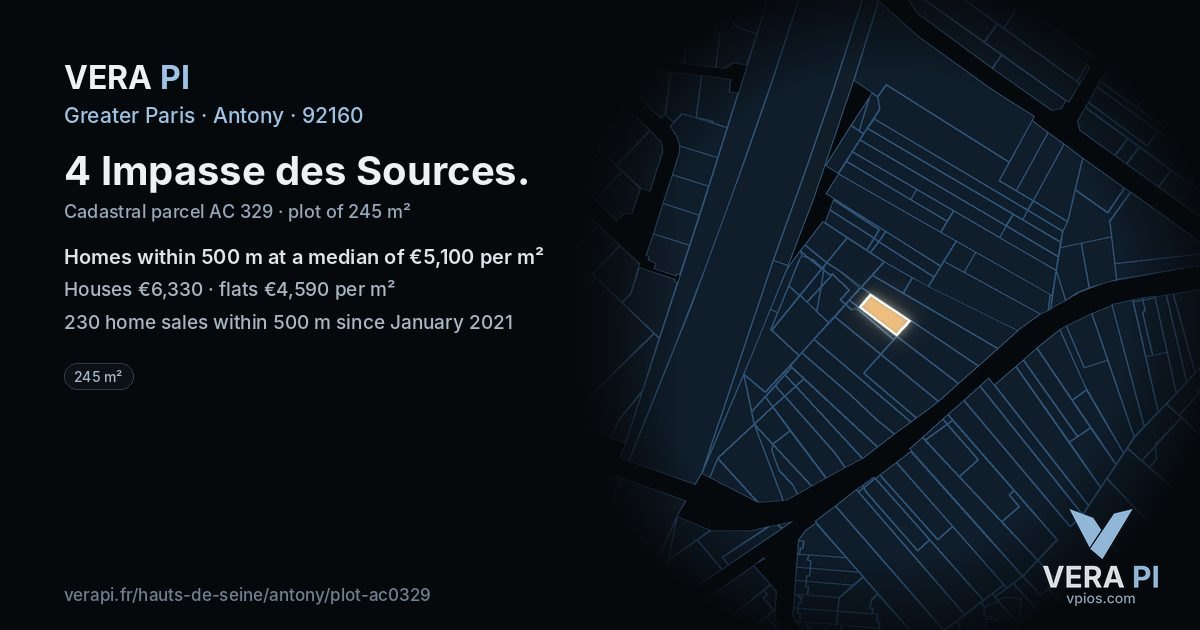 4 Impasse des Sources, Antony at night – the plot lit, the parcels around coloured by the prices near them