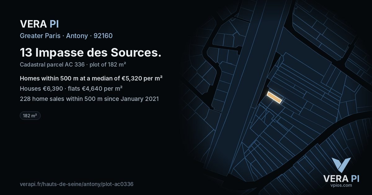 13 Impasse des Sources, Antony at night – the plot lit, the parcels around coloured by the prices near them