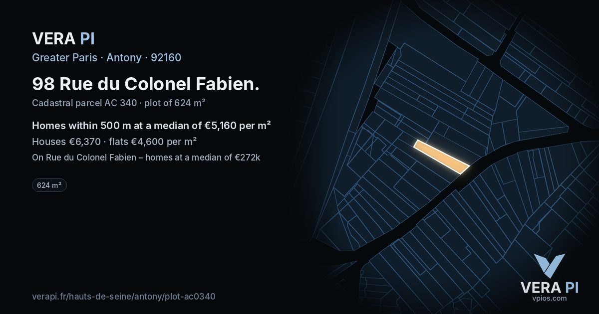 98 Rue du Colonel Fabien, Antony at night – the plot lit, the parcels around coloured by the prices near them