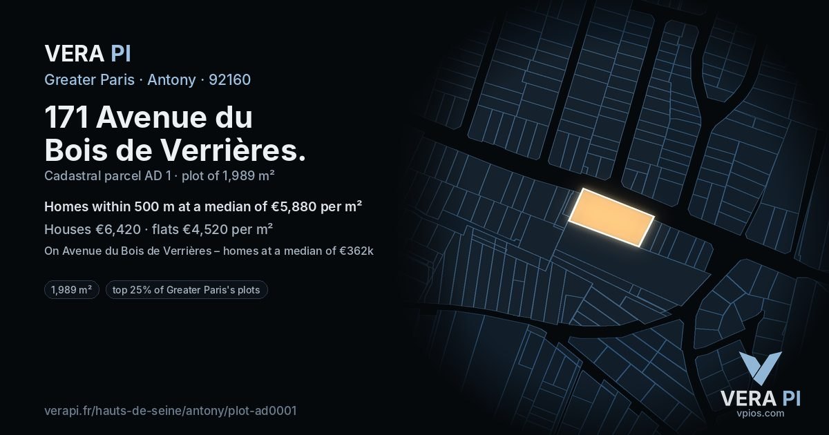 171 Avenue du Bois de Verrières, Antony at night – the plot lit, the parcels around coloured by the prices near them