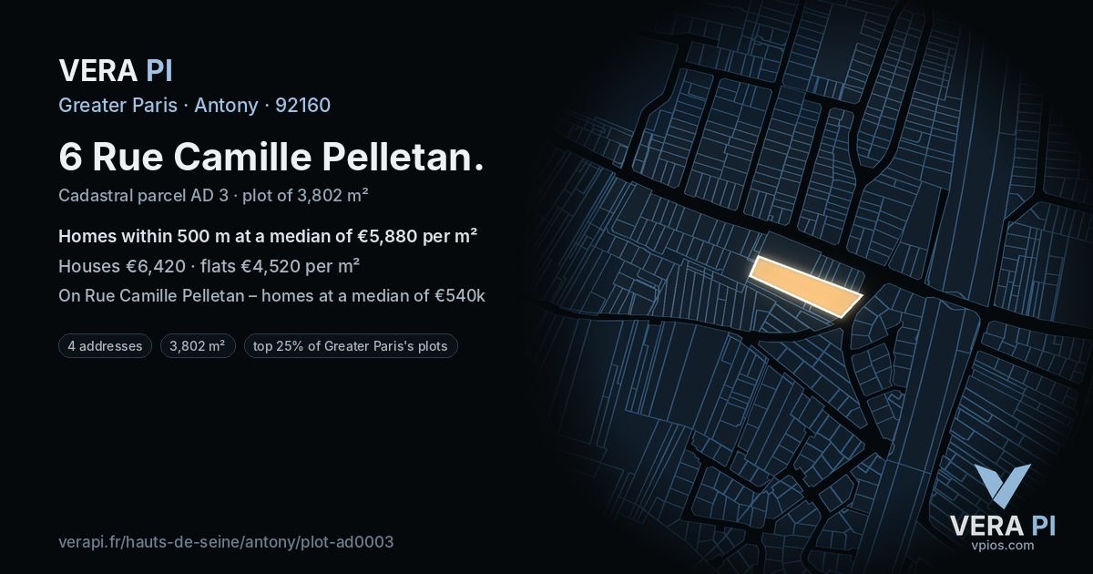 6 Rue Camille Pelletan, Antony at night – the plot lit, the parcels around coloured by the prices near them
