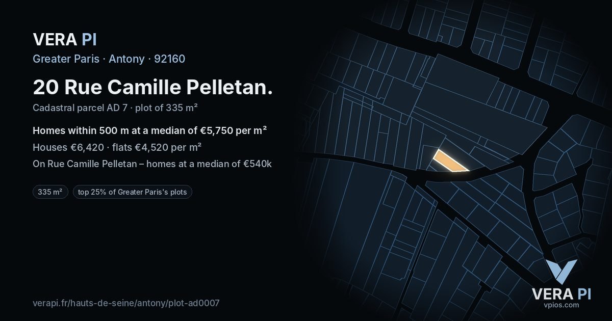 20 Rue Camille Pelletan, Antony at night – the plot lit, the parcels around coloured by the prices near them