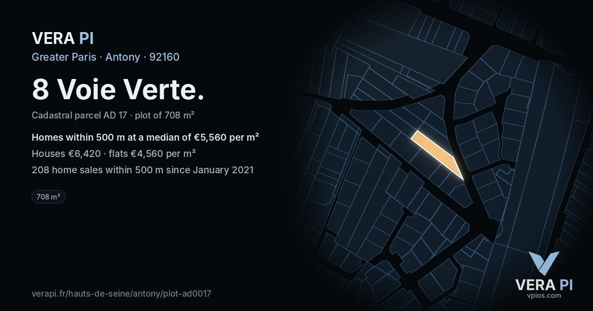 8 Voie Verte, Antony at night – the plot lit, the parcels around coloured by the prices near them