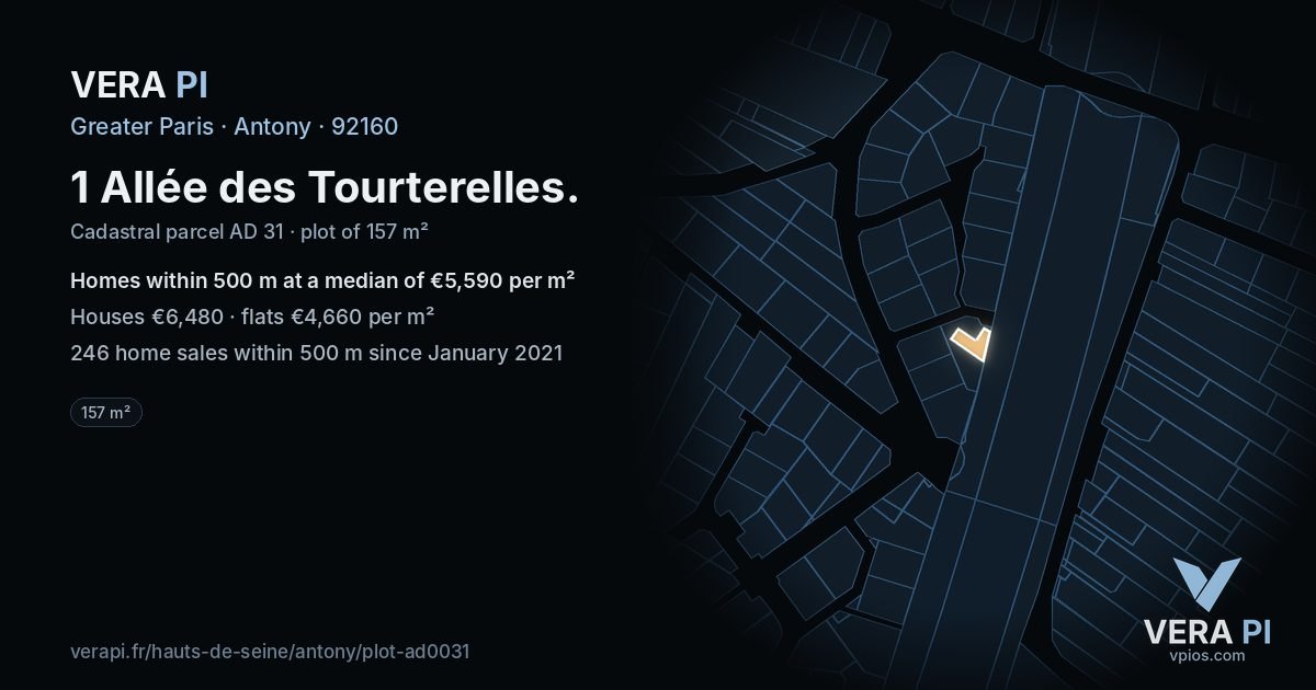 1 Allée des Tourterelles, Antony at night – the plot lit, the parcels around coloured by the prices near them