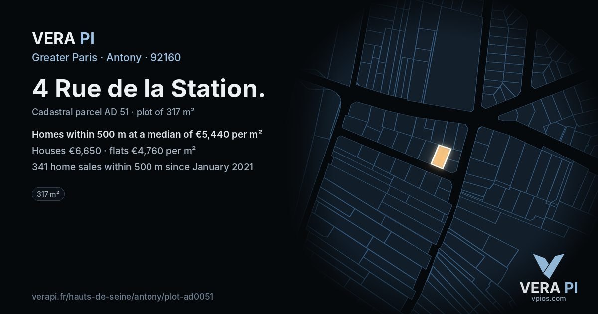 4 Rue de la Station, Antony at night – the plot lit, the parcels around coloured by the prices near them