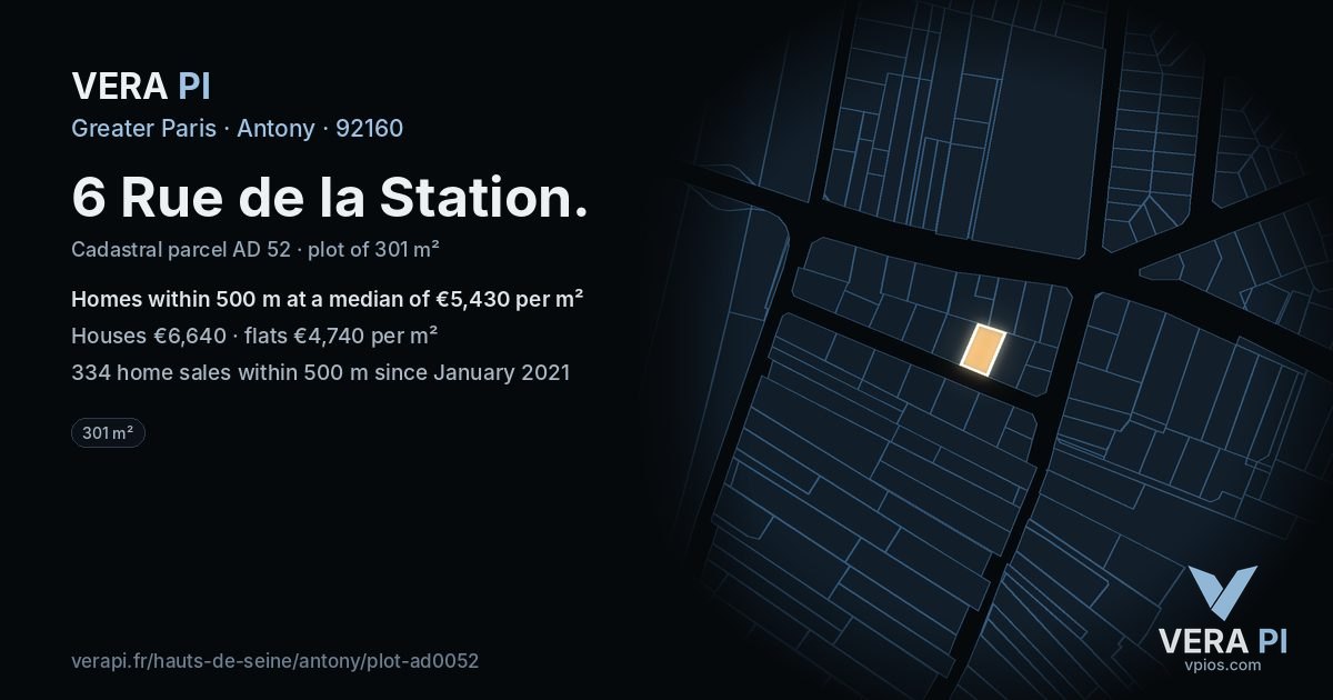 6 Rue de la Station, Antony at night – the plot lit, the parcels around coloured by the prices near them