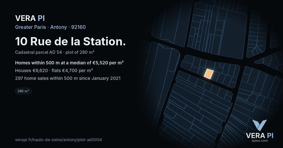 10 Rue de la Station, Antony at night – the plot lit, the parcels around coloured by the prices near them