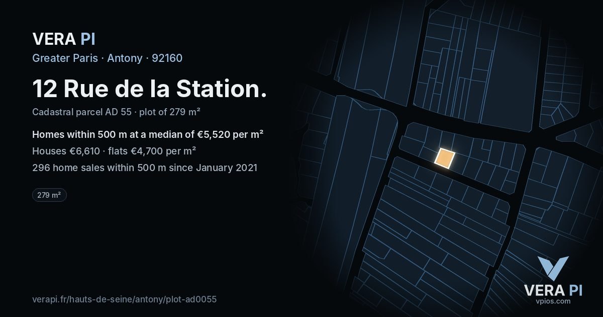 12 Rue de la Station, Antony at night – the plot lit, the parcels around coloured by the prices near them