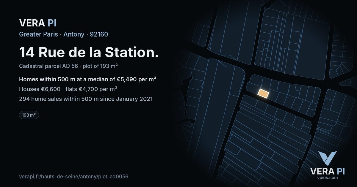 14 Rue de la Station, Antony at night – the plot lit, the parcels around coloured by the prices near them