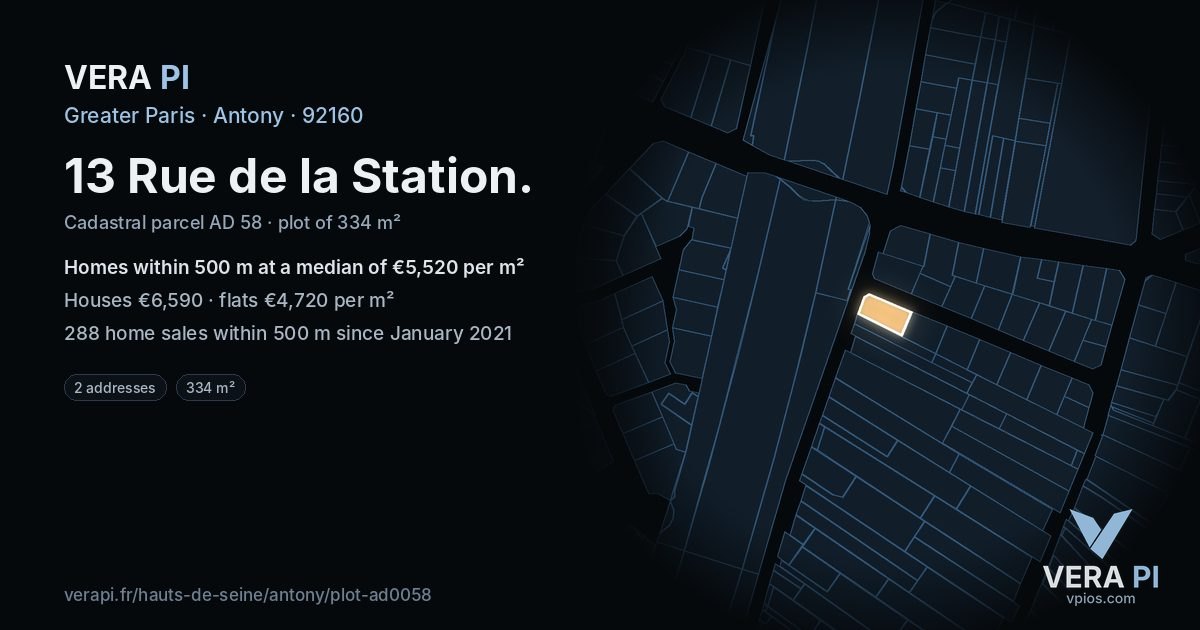 13 Rue de la Station, Antony at night – the plot lit, the parcels around coloured by the prices near them