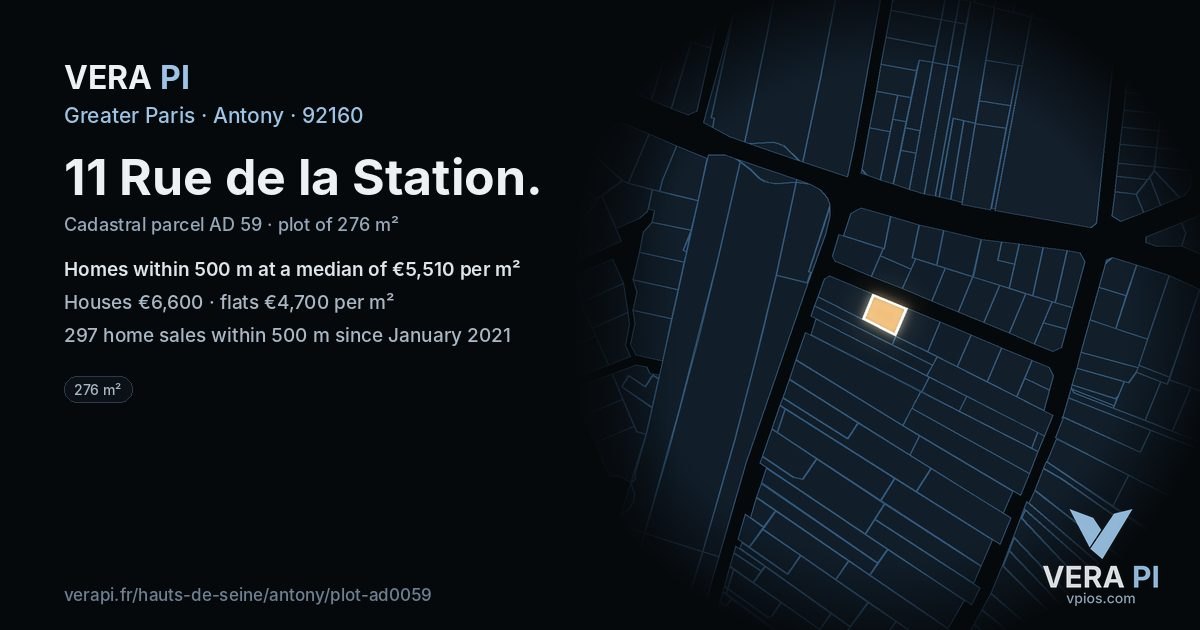 11 Rue de la Station, Antony at night – the plot lit, the parcels around coloured by the prices near them