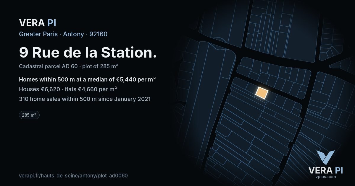 9 Rue de la Station, Antony at night – the plot lit, the parcels around coloured by the prices near them