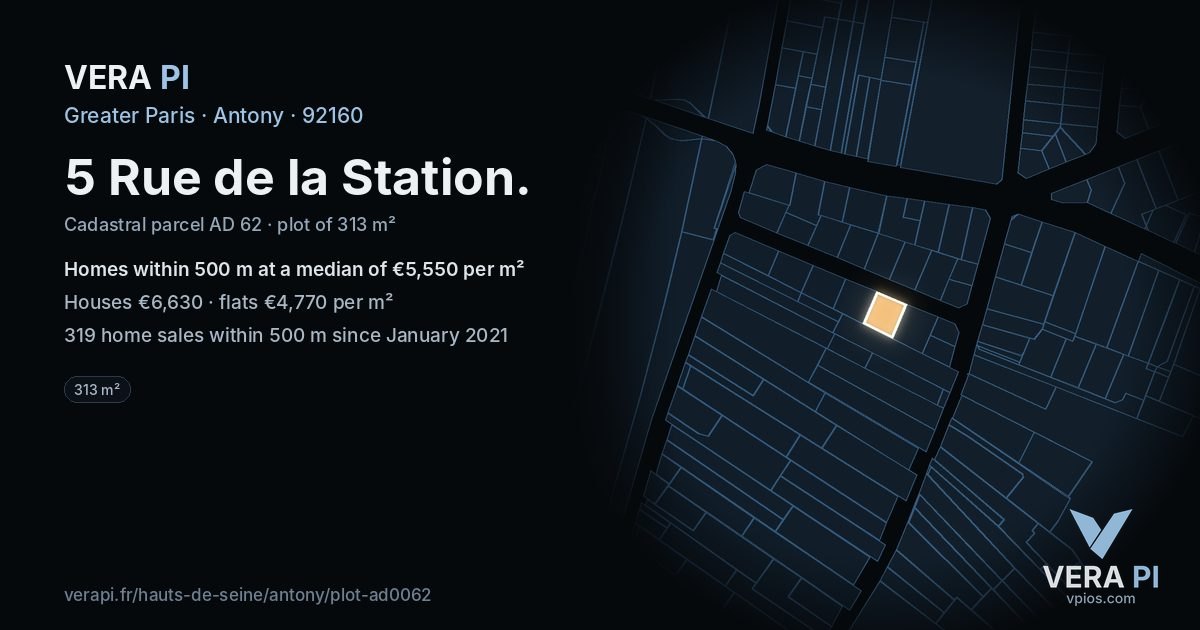 5 Rue de la Station, Antony at night – the plot lit, the parcels around coloured by the prices near them