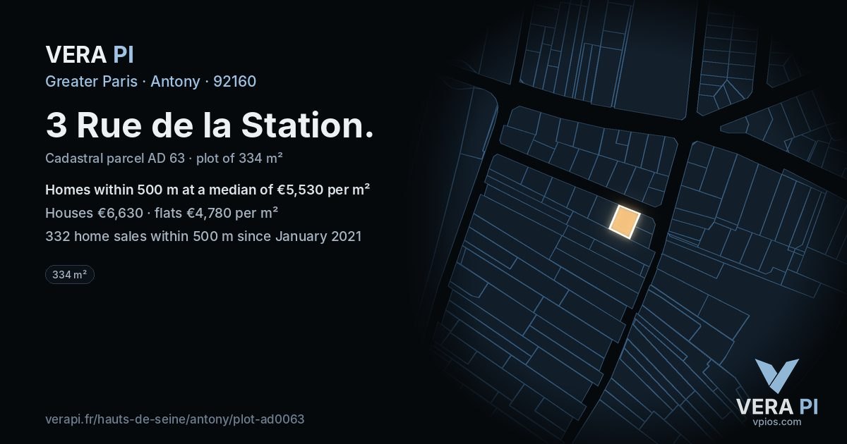 3 Rue de la Station, Antony at night – the plot lit, the parcels around coloured by the prices near them