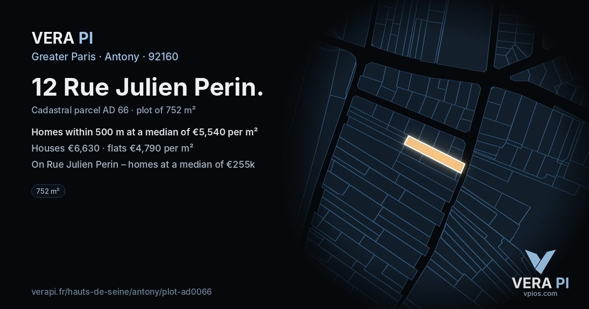 12 Rue Julien Perin, Antony at night – the plot lit, the parcels around coloured by the prices near them