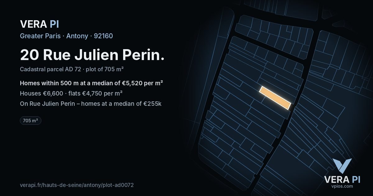 20 Rue Julien Perin, Antony at night – the plot lit, the parcels around coloured by the prices near them