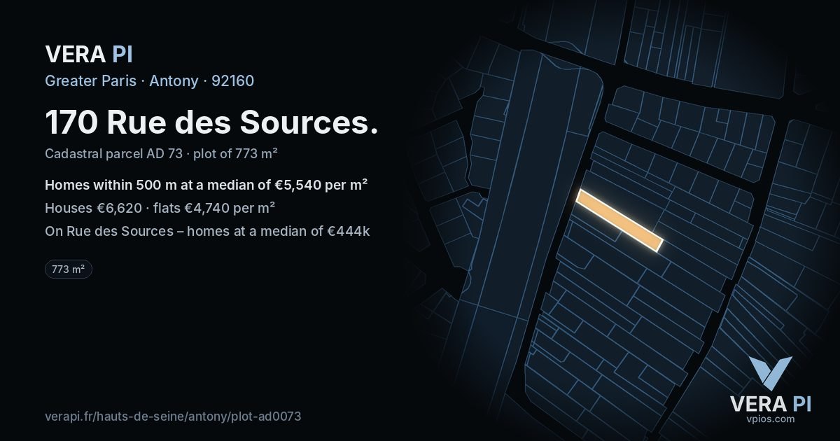 170 Rue des Sources, Antony at night – the plot lit, the parcels around coloured by the prices near them