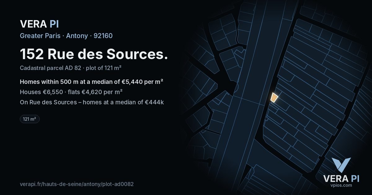 152 Rue des Sources, Antony at night – the plot lit, the parcels around coloured by the prices near them