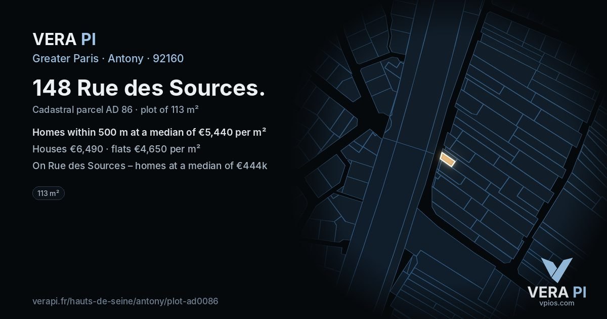 148 Rue des Sources, Antony at night – the plot lit, the parcels around coloured by the prices near them