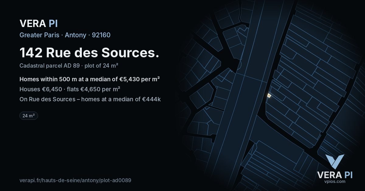 142 Rue des Sources, Antony at night – the plot lit, the parcels around coloured by the prices near them